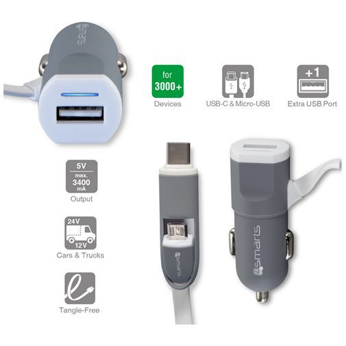 4smarts Autolader USB-C + MicroUSB White