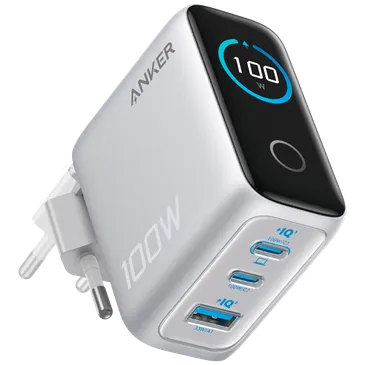 Anker Dual USB-C + USB-A Fast Charger 100W Silver + Cable