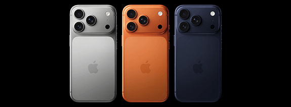 Foto's van de iPhone 17 Pro in drie kleuren: Zilver, Oranje, Blauw