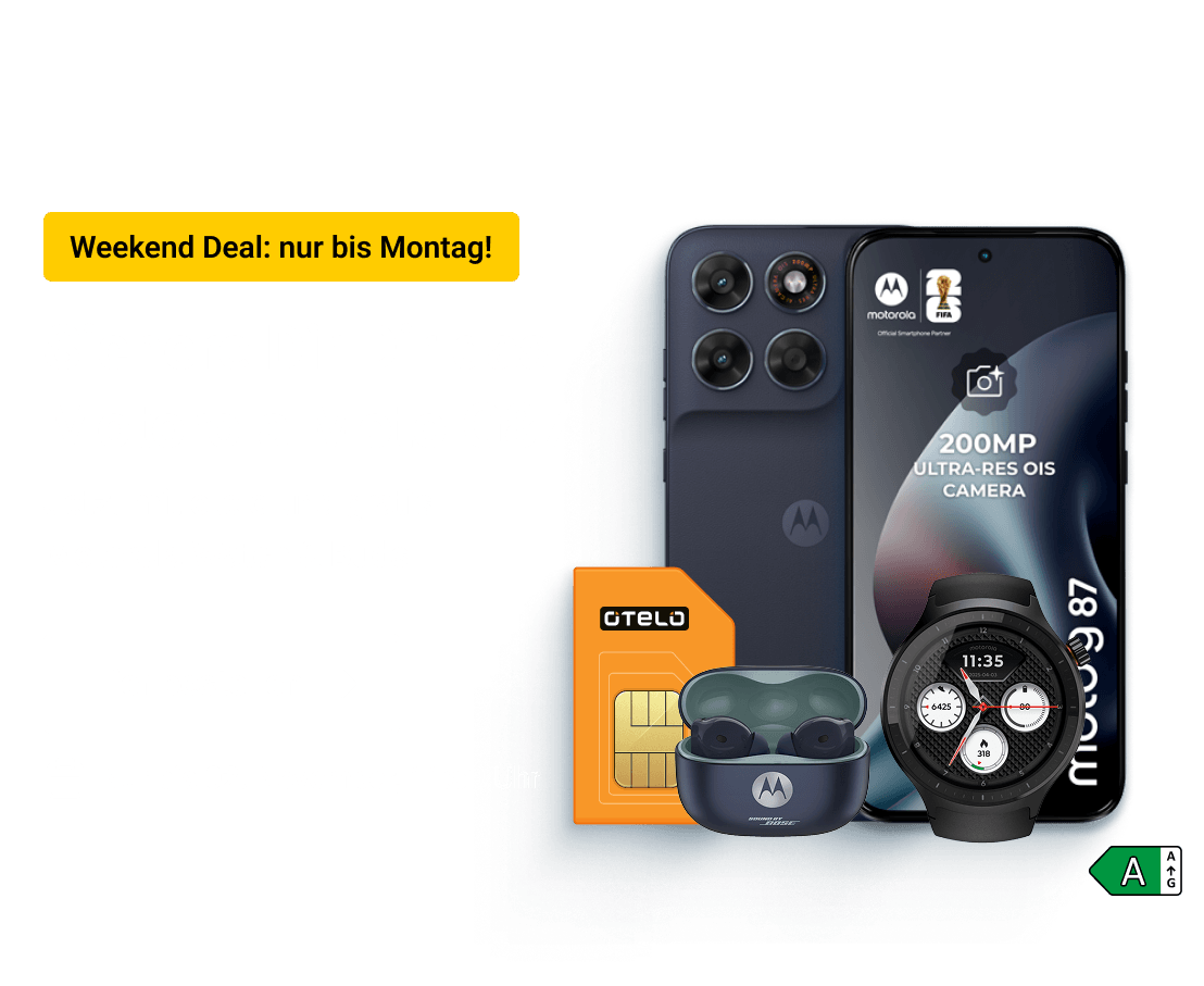 Sichere Dir Dir das Motorola Moto G87. Jetzt mit otelo und gratis Motorola Watch & Buds. Sichere Dir unseren Weekend Deal bis zum 02. November um 11:59 Uhr.
