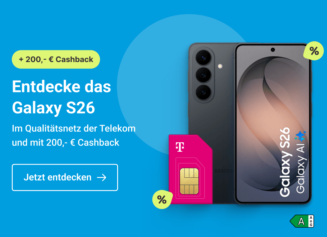 Entdecke das Galaxy S26.Im Qualitätsnetz der Telekom und mit 120,- € Cashback.  Clicke hier um Dir diesen Deal zu sichern.