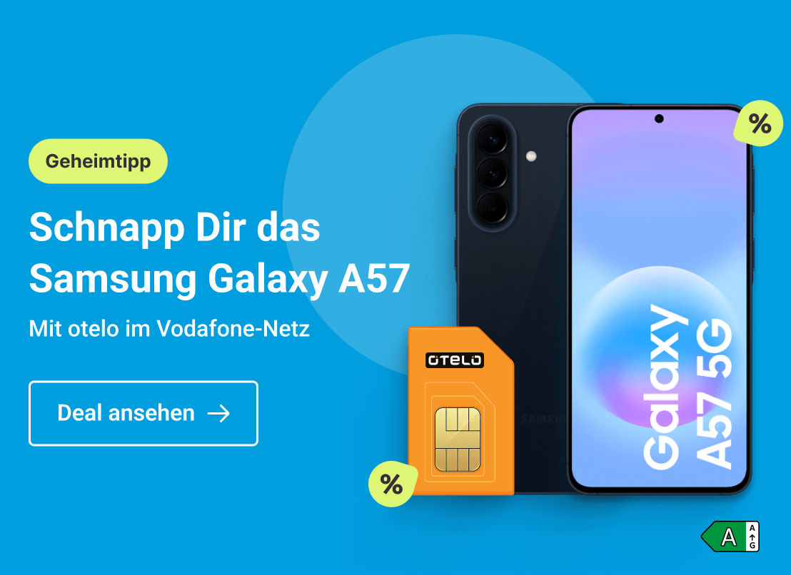 Schnapp Dir das Samsung Galaxy A57.Mit otelo im Vodafone-Netz und 50,- € Cashback. Clicke hier um Dir diesen Deal zu sichern.