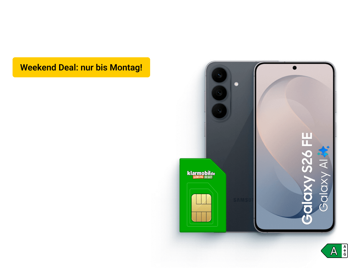 Hol Dir das Samsung Galaxy S26 FE.Surfe mit klarmobil im stabilen Netz der Telekom . Sichere Dir unseren Weekend Deal bis zum 05. October.