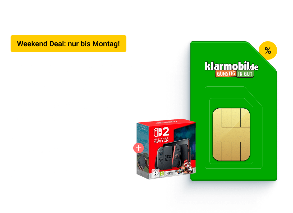 Jetzt die Nintendo Switch 2 sichern. Hol Dir diesen einzigartigen  Deal mit klarmobil. Sichere Dir unseren Weekend Deal bis zum 05. Oktober.