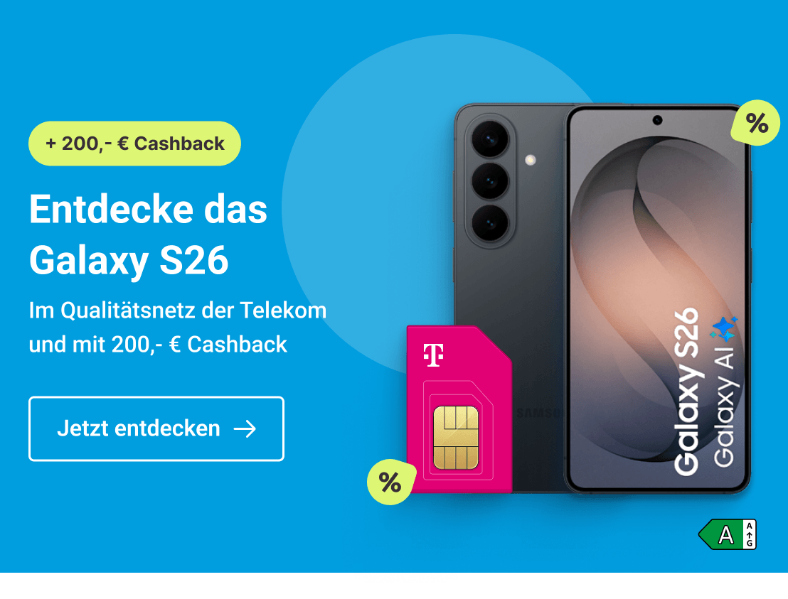 Entdecke das Galaxy S26.Im Qualitätsnetz der Telekom und mit 120,- € Cashback.  Clicke hier um Dir diesen Deal zu sichern.