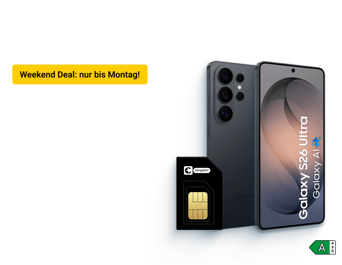 Samsung Galaxy S26 Ultra mit congstar. Verpasse nicht diesen fairen Deal. Hier clicken um den Weekend Deal bis zum 10. August um 11:59 Uhr zu sichern.