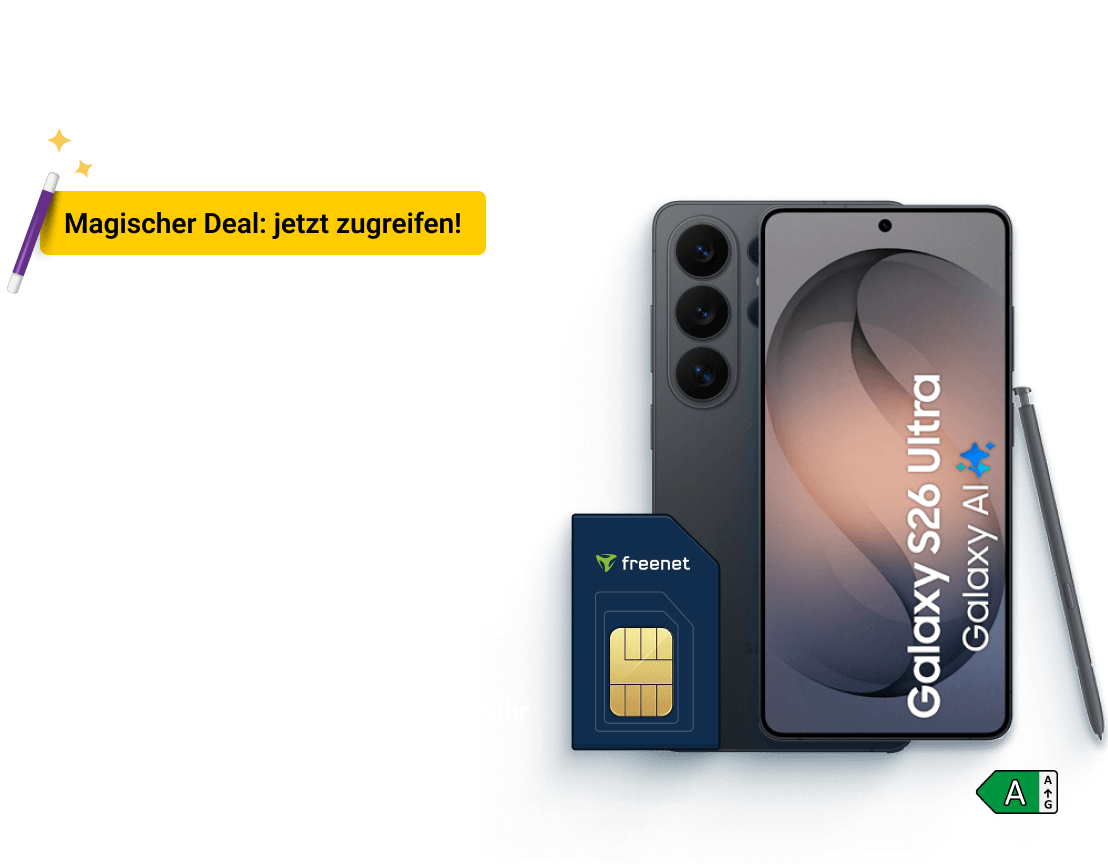 Hol Dir das Samsung Galaxy S26 Ultra. Jetzt mit freenet im Qualitätsnetz der Telekom. Nur bis 01. Oktober 23:59 Uhr erhältlich.  