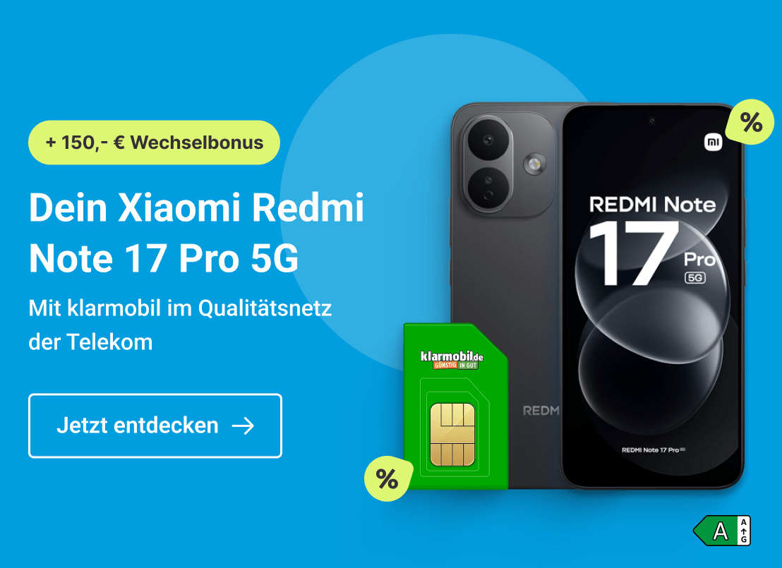 Dein Xiaomi Redmi Note 17 Pro 5G. Mit klarmobil im Qualitätsnetz der Telekom. Clicke hier und sichere Dir diesen Deal. 
