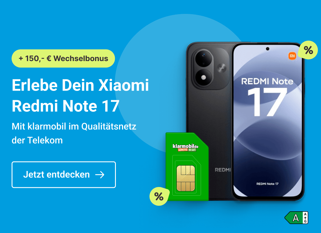 Erlebe Dein Xiaomi Redmi Note 17 . Mit klarmobil im Qualitätsnetz der Telekom. Clicke hier und sichere Dir diesen Deal. 