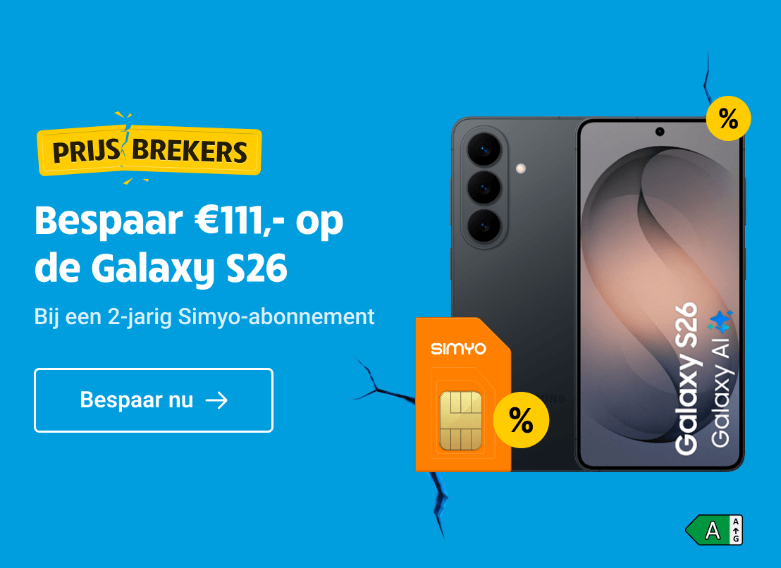 Prijsbrekers-aanbieding: bespaar €111 op de Samsung Galaxy S26 met een 2-jarig abonnement van Simyo.