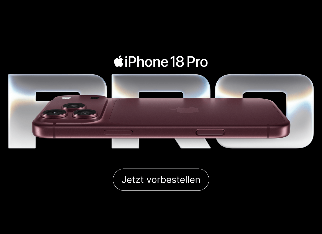 Apple iPhone 18 Pro auf schwarzem Hintergrund. Vorbestellung ab Samstag dem 12. September um 14 Uhr. Hier clicken.