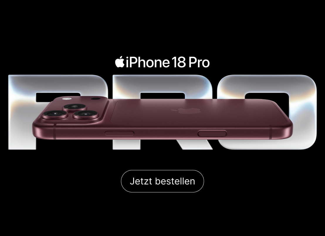 Apple iPhone 18 Pro auf schwarzem Hintergrund. Vorbestellung ab Samstag dem 12. September um 14 Uhr. Hier clicken.