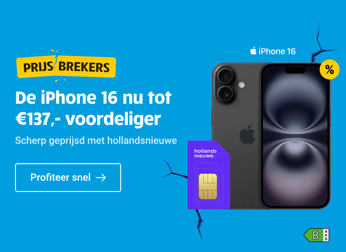 Prijsbrekers-aanbieding: bespaar tot €137 op de iPhone 16 in combinatie met hollandsnieuwe.