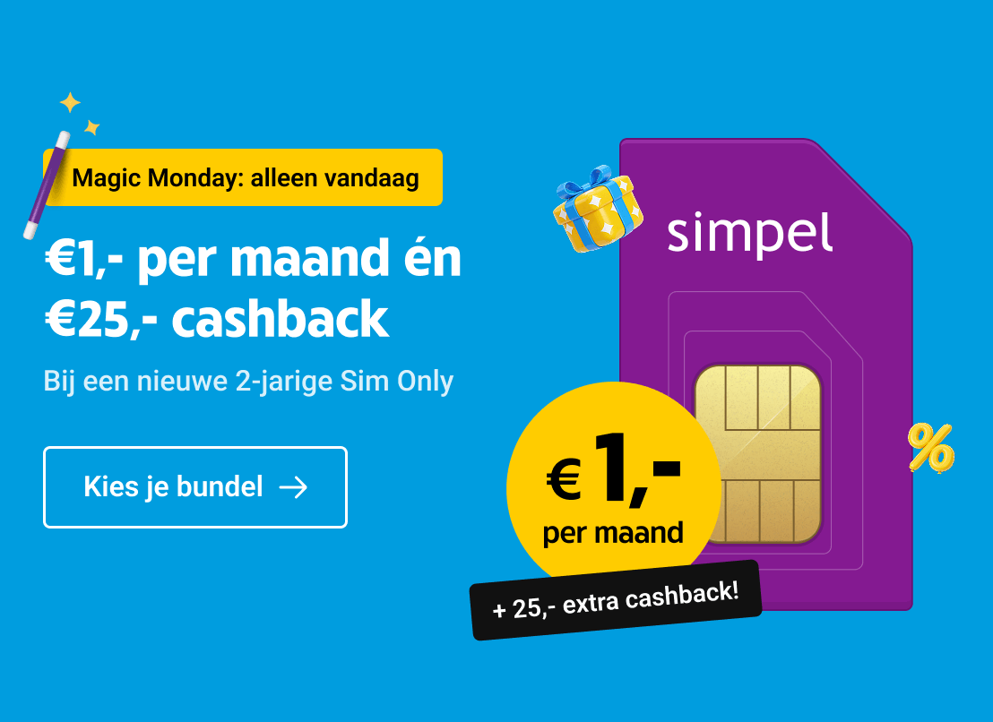 Magic Monday: Het eerste jaar €1,- per maand én €25,- cashback bij Simpel.