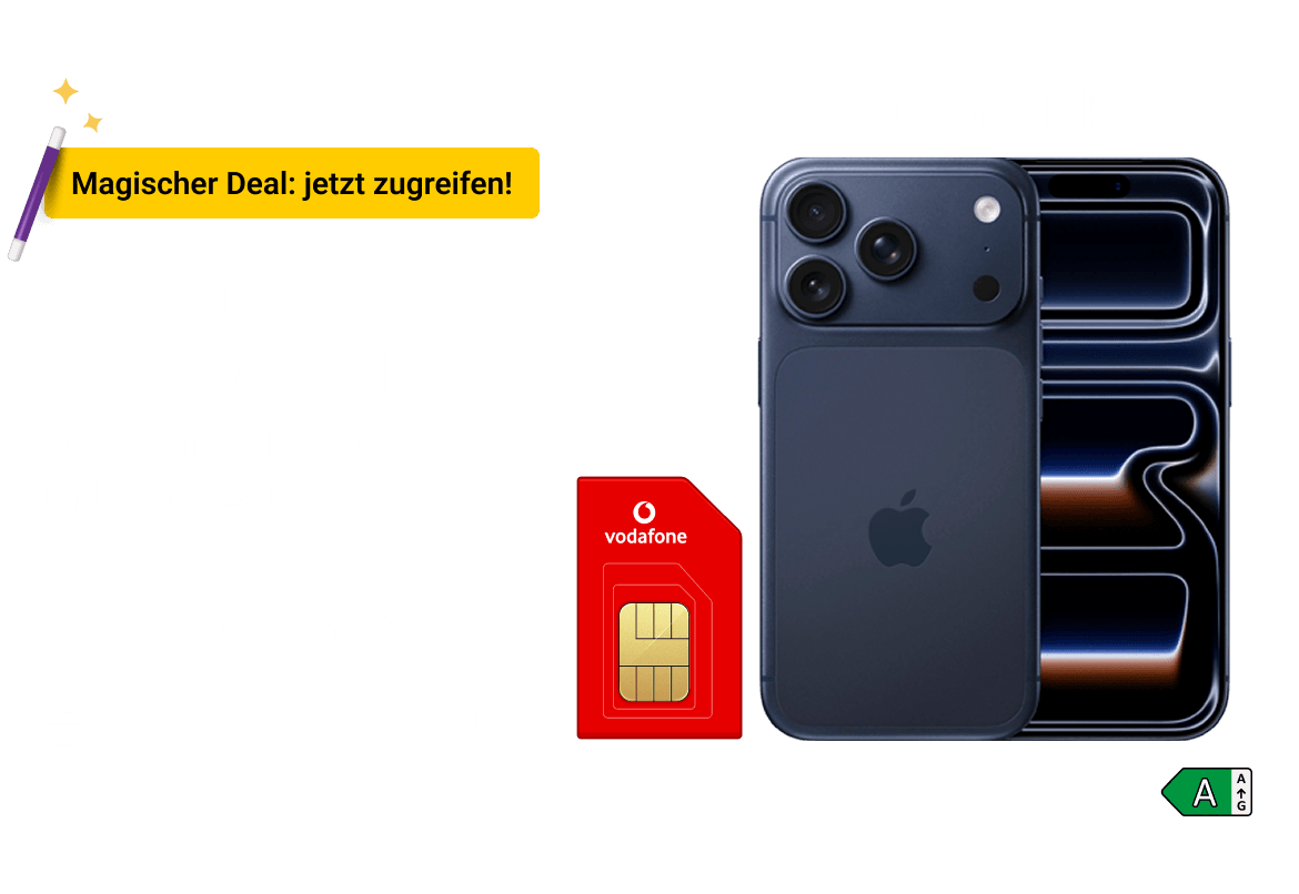 Hol Dir das iPhone 17 Pro mit Vodafone Kombi und Junge-Leute Tarif. Clicke hier auf den Deal um ihn Dir bis zum 20. August um 23:59 Uhr zu sichern.