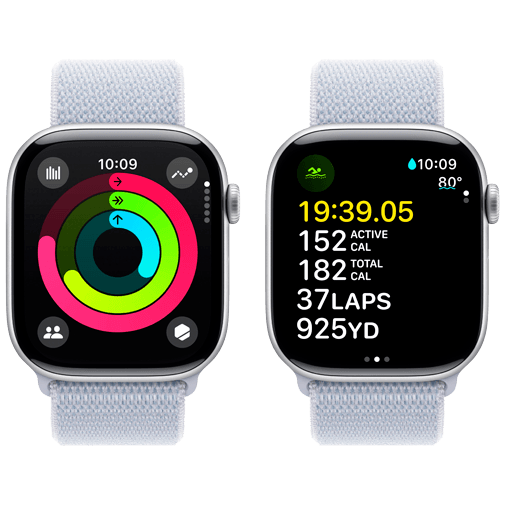 Apple Watch Series 10 46mm Zilver Lichtblauwe Nylon Band Belsimpel