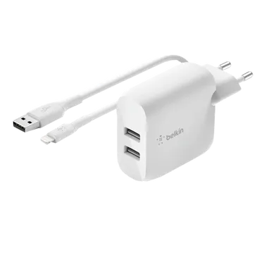 Belkin Boost Charge Dual USB Quick Charger 24W + Lightning Cable White