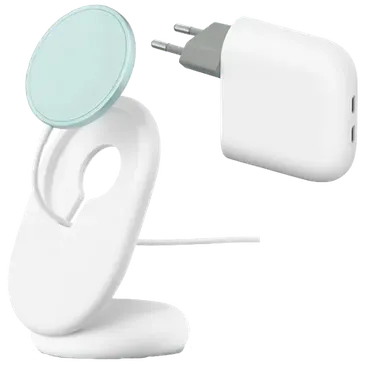 Google Flex 67W Dual USB-C Fast Charger White & Google Pixelsnap Wireless Fast Charger with Stand White