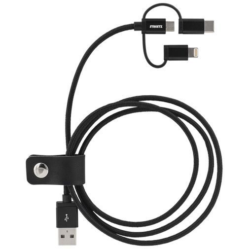 Streetz 3-in-1 Datakabel USB naar Micro-USB & USB-C & Lightning 1 meter Black